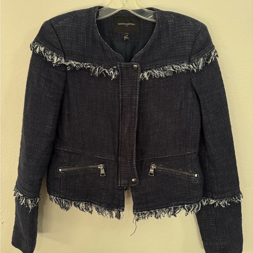Banana Republic Navy Tweed Blazer with Fringe